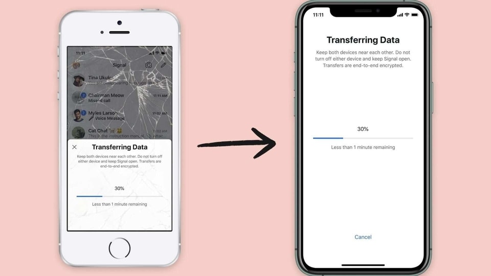 Signal uses a local connection to transfer data to a new iOS device. 