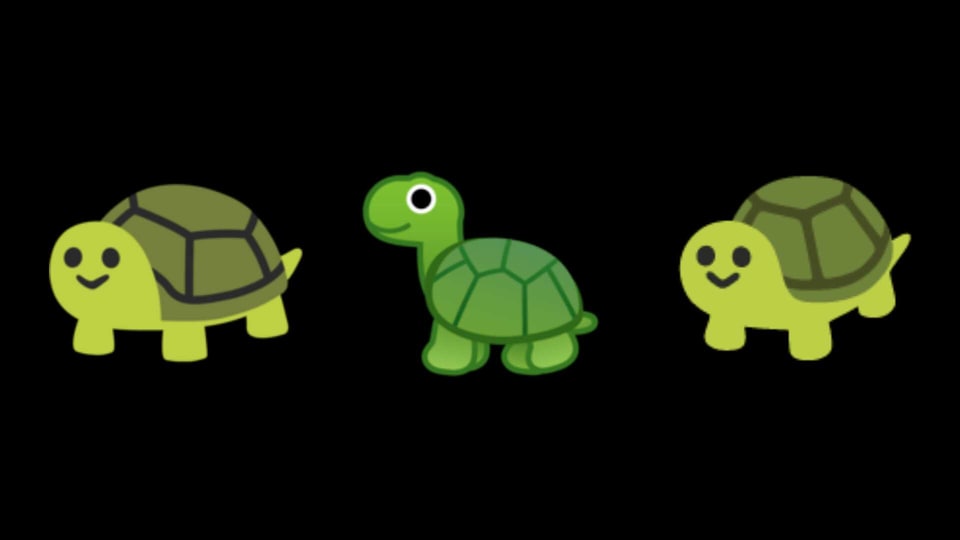 The older Android Nougat version of the turtle (L), the current Android 10 version (center) and the new Android 11 version (R). 