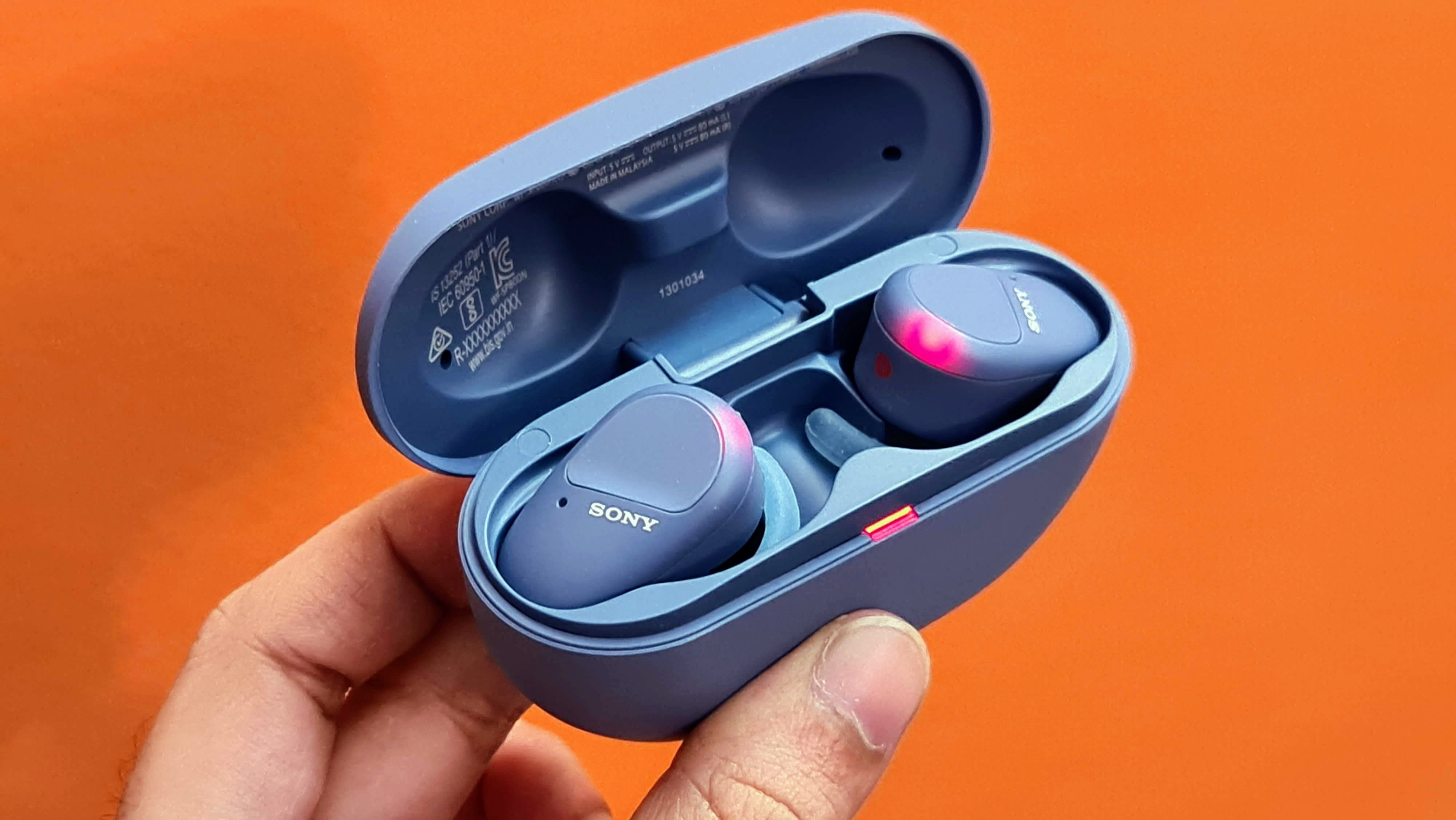 Sony WF-SP800N earbuds. Sony WF-SP800N earbuds.