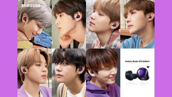 All seven members of BTS wearing the Galaxy Buds+.