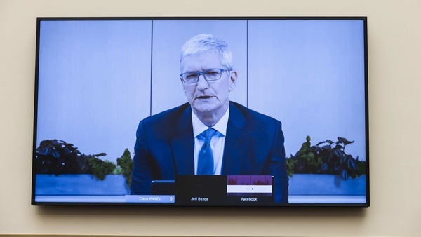 Tim Cook, chief executive officer of Apple Inc., speaks via videoconference during a House Judiciary Subcommittee hearing in Washington, D.C., U.S., on Wednesday, July 29, 2020. Chief executives from four of the biggest U.S. technology companies face a moment of reckoning in an extraordinary joint appearance before Congress that will air bipartisan concerns that they are using their dominance to crush rivals at the expense of consumers.