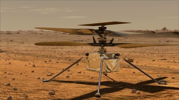 This illustration shows Ingenuity awaiting takeoff on Mars.