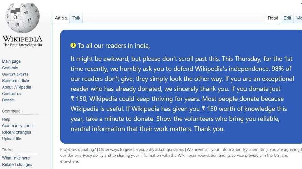 Wikipedia Makes An Awkward Request For Donations In India Ht Tech