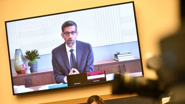 Sundar Pichai, chief executive officer of Alphabet, speaks via videoconference during a House Judiciary Subcommittee hearing in Washington, DC, US, on July 29, 2020. Chief executives from four of the biggest U.S. technology companies face a moment of reckoning in an extraordinary joint appearance before Congress that will air bipartisan concerns that they are using their dominance to crush rivals at the expense of consumers. 