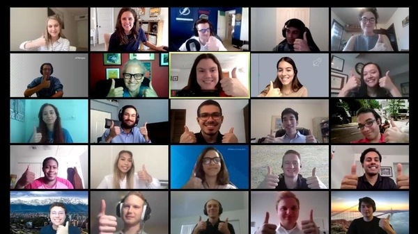 Employees and interns of JP Morgan participate in a video conference via Zoom, in this screen grab taken August 7, 2020. Zoom has seen global usage of its services surge during coronavirus shutdowns, but the increasing popularity of the app has also shone a spotlight on the vulnerabilities in its software encryption.