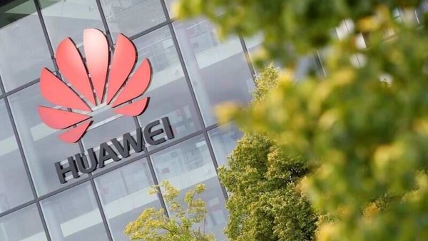 Huawei logo is pictured on the headquarters building in Reading, Britain July 14, 2020.