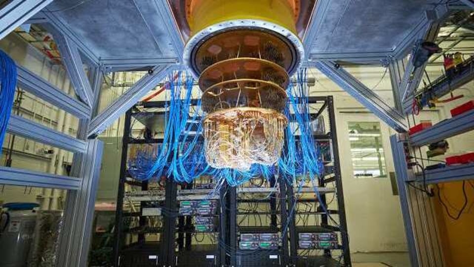 Google’s Sycamore processor mounted in a cryostat, recently used to demonstrate quantum supremacy and the largest quantum chemistry simulation on a quantum computer. Photo Credit: Rocco Ceselin