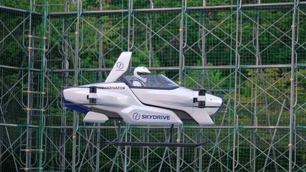 A manned flying car SD-03 is seen during a test flight session at Toyota test field in Toyota, central Japan.