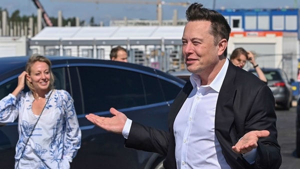 Gruenheide: Technology entrepreneur Elon Musk arrives the Tesla Gigafactory construction site for a visit in Gruenheide near Berlin, Germany, Sept. 3, 2020.