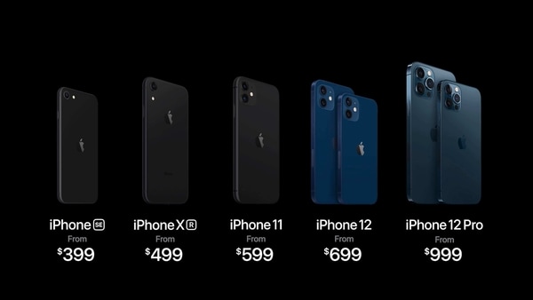 This image provided by Apple shows models of new iPhones, along with the iPhone 11 at center, showing prices, which Apple unveiled Tuesday, Oct. 13, 2020. The iPhone models unveiled will launch at different times. The iPhone 12 and 12 Pro will be available starting Oct. 23; the Mini and the Pro Max will follow on Nov. 13. (Apple via AP)