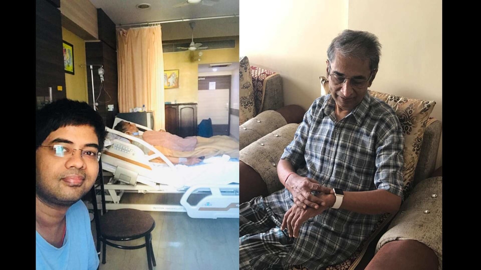 (L) Siddharth Rajhans with his father R Rajhans post his surgery. And R Rajhans (R) with his Apple Watch. 