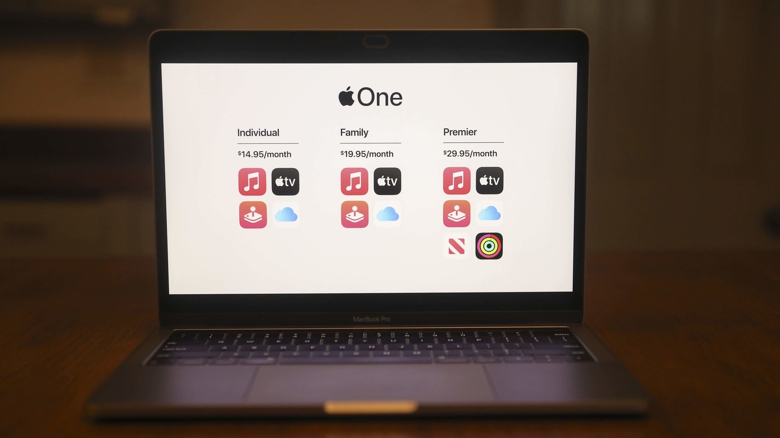Apple One pricing is displayed during a virtual product launch seen on a laptop computer in Tiskilwa, Illinois, U.S., on Tuesday, Sept. 15, 2020. Apple Inc. kicks off a broad slate of new products, with upgrades to two of its most important hardware lines beyond the iPhone. Photographer: Daniel Acker/Bloomberg Apple One pricing is displayed during a virtual product launch seen on a laptop computer in Tiskilwa, Illinois, U.S., on Tuesday, Sept. 15, 2020. Apple Inc. kicks off a broad slate of new products, with upgrades to two of its most important hardware lines beyond the iPhone. Photographer: Daniel Acker/Bloomberg
