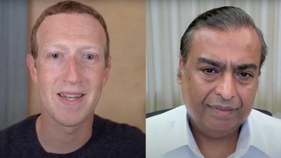 Facebook CEO Mark Zuckerberg and Reliance Industries Chairman Mukesh Ambani (L→R)