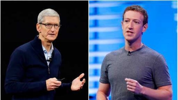 FILE - In this combo of file photos, Apple CEO Tim Cook speaks on the new Apple campus on Sept. 12, 2017, in Cupertino, Calif., left, and Facebook CEO Mark Zuckerberg speaks at the F8 Facebook Developer Conference on April 12, 2016, in San Francisco, right. Facebook is again pushing back on new Apple privacy rules for its mobile devices, this time saying the social media giant is standing up for small businesses in full page newspaper ads. In ads that ran in The New York Times, The Wall Street Journal and other national newspapers, Facebook said Apple's new rules “limit businesses ability to run personalized ads and reach their customers effectively.