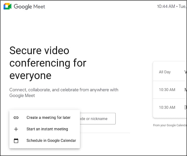 Google Meet new options to start a meeting. Google Meet new options to start a meeting.