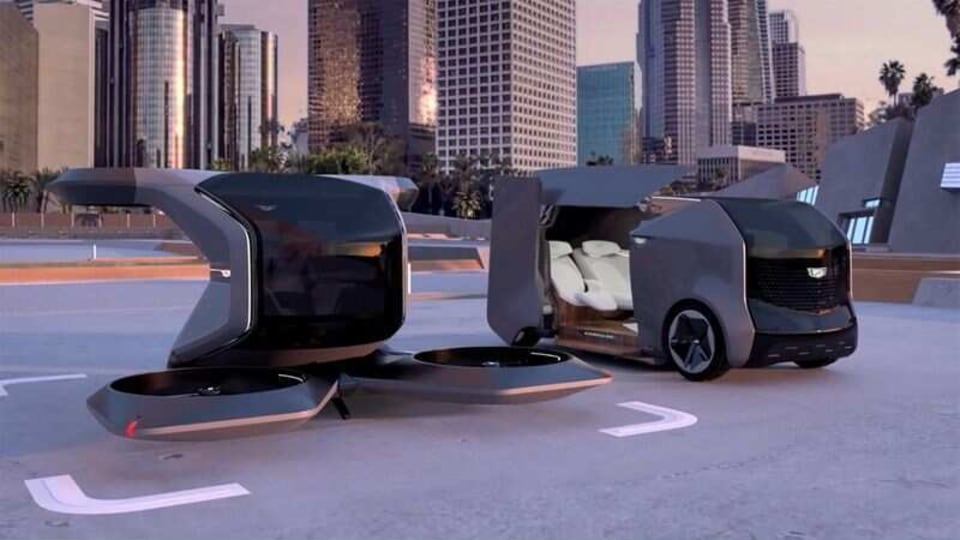 Two futuristic Cadillac concepts, an electric shuttle and an autonomous vertical take-off and landing (VTOL) drone, are seen in a still image from video presented by General Motors (GM) at the 2021 CES show on January 12, 2021. 