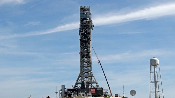 NASA's Space Launch System mobile launcher stands atop Launch Pad 39B for months of testing before it will launch the SLS rocket and Orion spacecraft on mission Artemis 1 at the Kennedy Space Center in Cape Canaveral, Florida, U.S., July 1, 2019. 