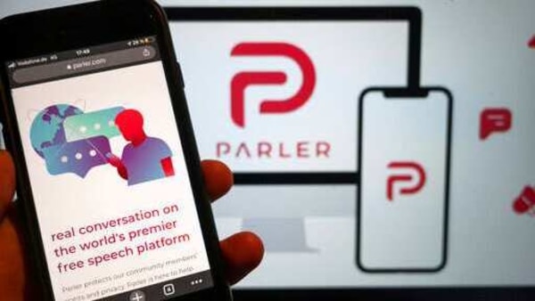 The website of the social media platform Parler is displayed in Berlin, Jan. 10, 2021. 