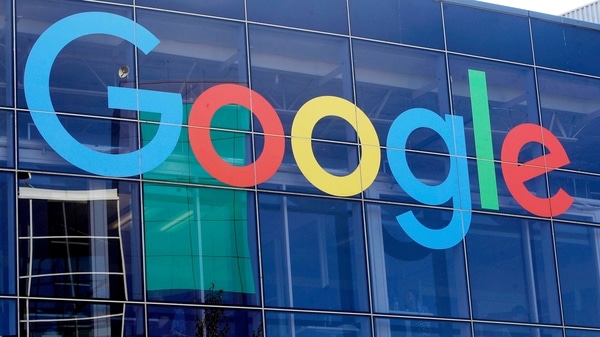 A sign is shown on a Google building at their campus in Mountain View, California.