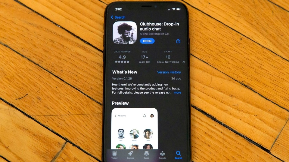 Apple's App Store page for the social media app Clubhouse is displayed on a smartphone screen in Beijing, 