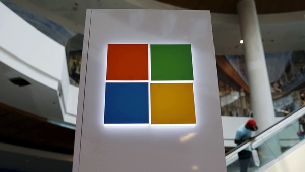 A Microsoft logo is seen at a pop-up site for the new Windows 10 operating system at Roosevelt Field in Garden City, New York 