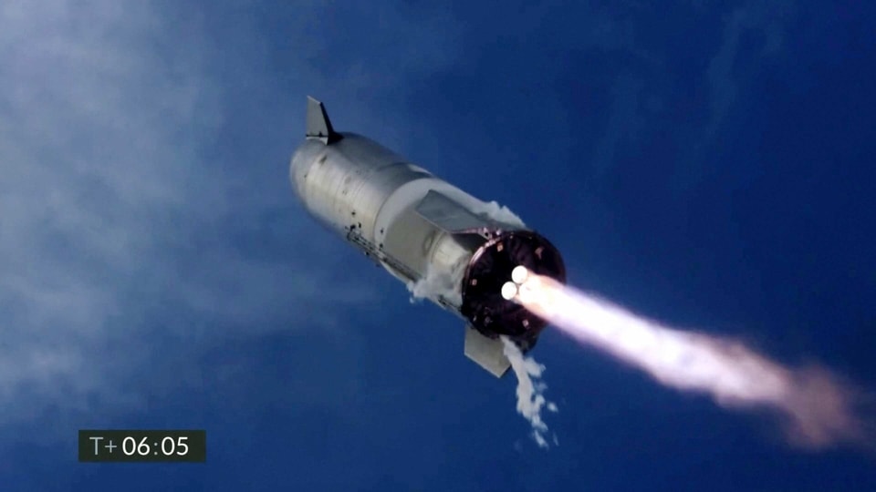 Boca Chica: In this image from video made available by SpaceX, one of the company's Starship prototypes fires its thrusters as it lands during a test in Boca Chica, Texas, on Wednesday, March 3, 2021. The two previous attempts ended in explosions. 