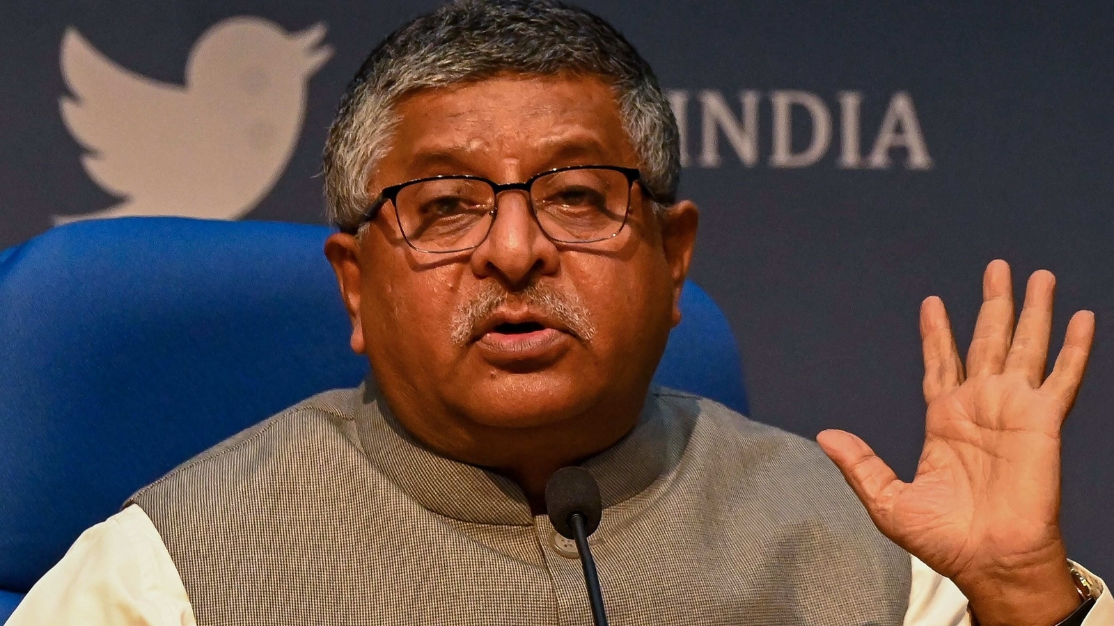 India's Minister of Law and Justice Ravi Shankar Prasad (L) addresses a press conference on social media platforms, in New Delhi on February 25, 2021. 