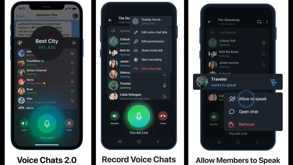 Telegram users can conduct live voice chat sessions on Channels with unlimited participants.