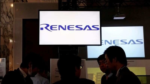 FILE PHOTO: Renesas Electronics Corp's logos are pictured at the company's conference in Tokyo.