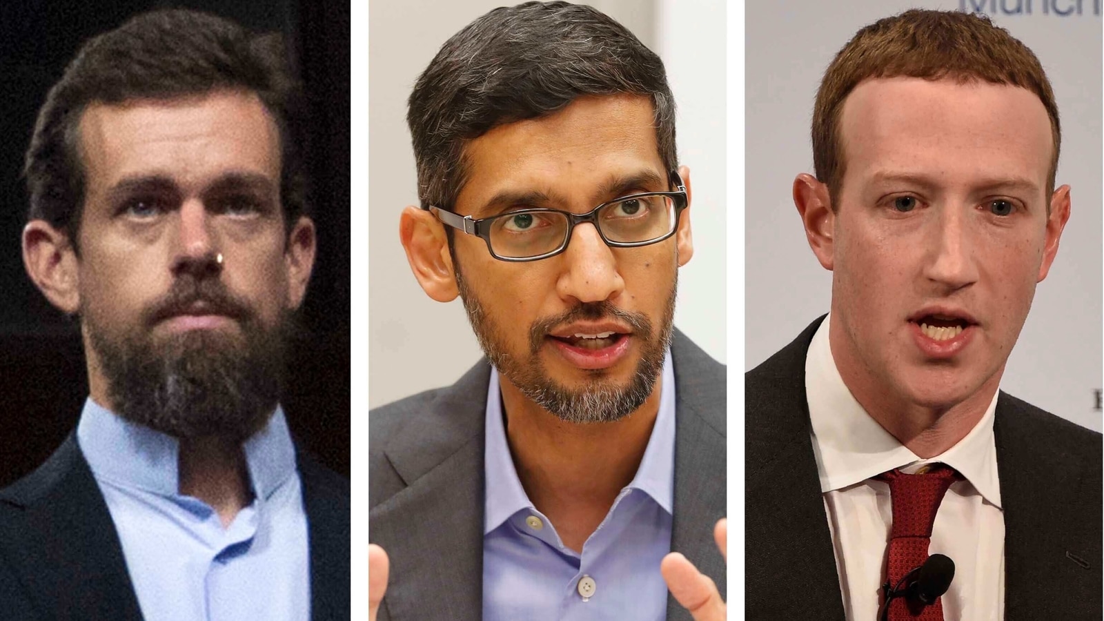 This combination of photos shows from left, Twitter CEO Jack Dorsey, Google CEO Sundar Pichai, and Facebook CEO Mark Zuckerberg. This combination of photos shows from left, Twitter CEO Jack Dorsey, Google CEO Sundar Pichai, and Facebook CEO Mark Zuckerberg.