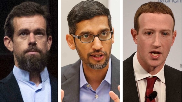 This combination of photos shows from left, Twitter CEO Jack Dorsey, Google CEO Sundar Pichai, and Facebook CEO Mark Zuckerberg.