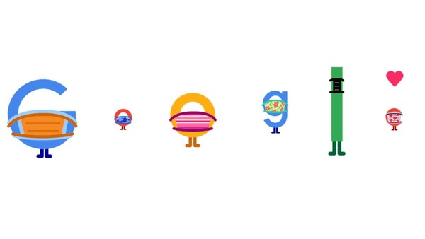 Google's updated Doodle promoting double masks and social distancing. 