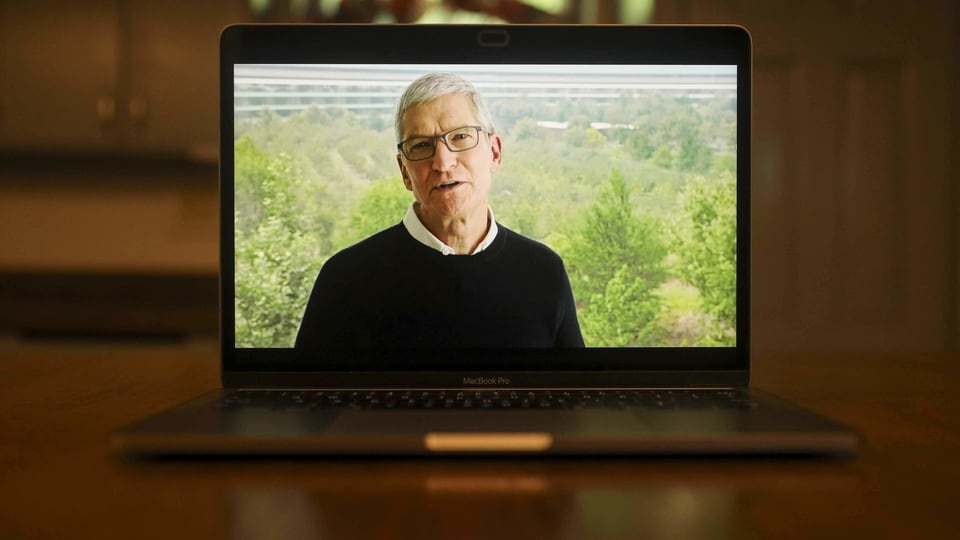 Tim Cook, chief executive officer of Apple Inc., speaks during a virtual product launch seen on a laptop computer in Tiskilwa, Illinois, U.S., on Tuesday, Sept. 15, 2020.