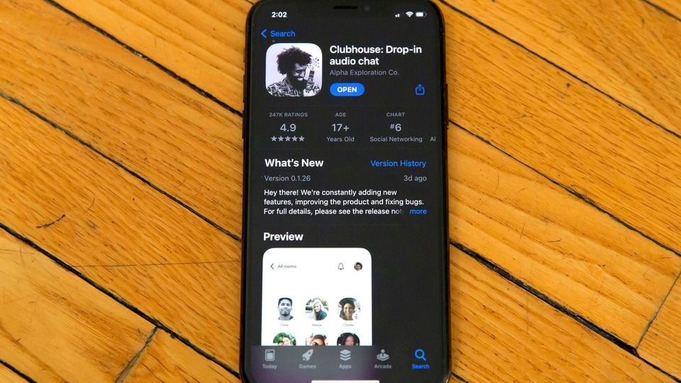 Apple's App Store page for the social media app Clubhouse is displayed on a smartphone screen.