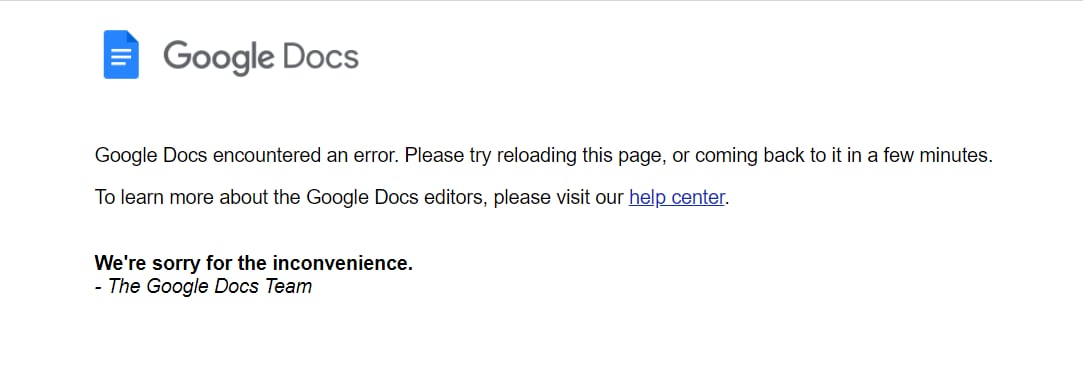 Here's the error message we were greeted with when the attempted to create a new Google Doc. Here's the error message we were greeted with when the attempted to create a new Google Doc.