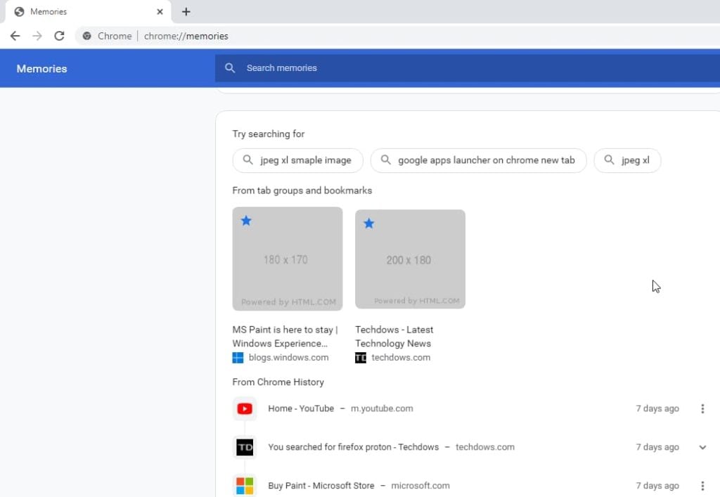 Google Chrome's Memories feature in action