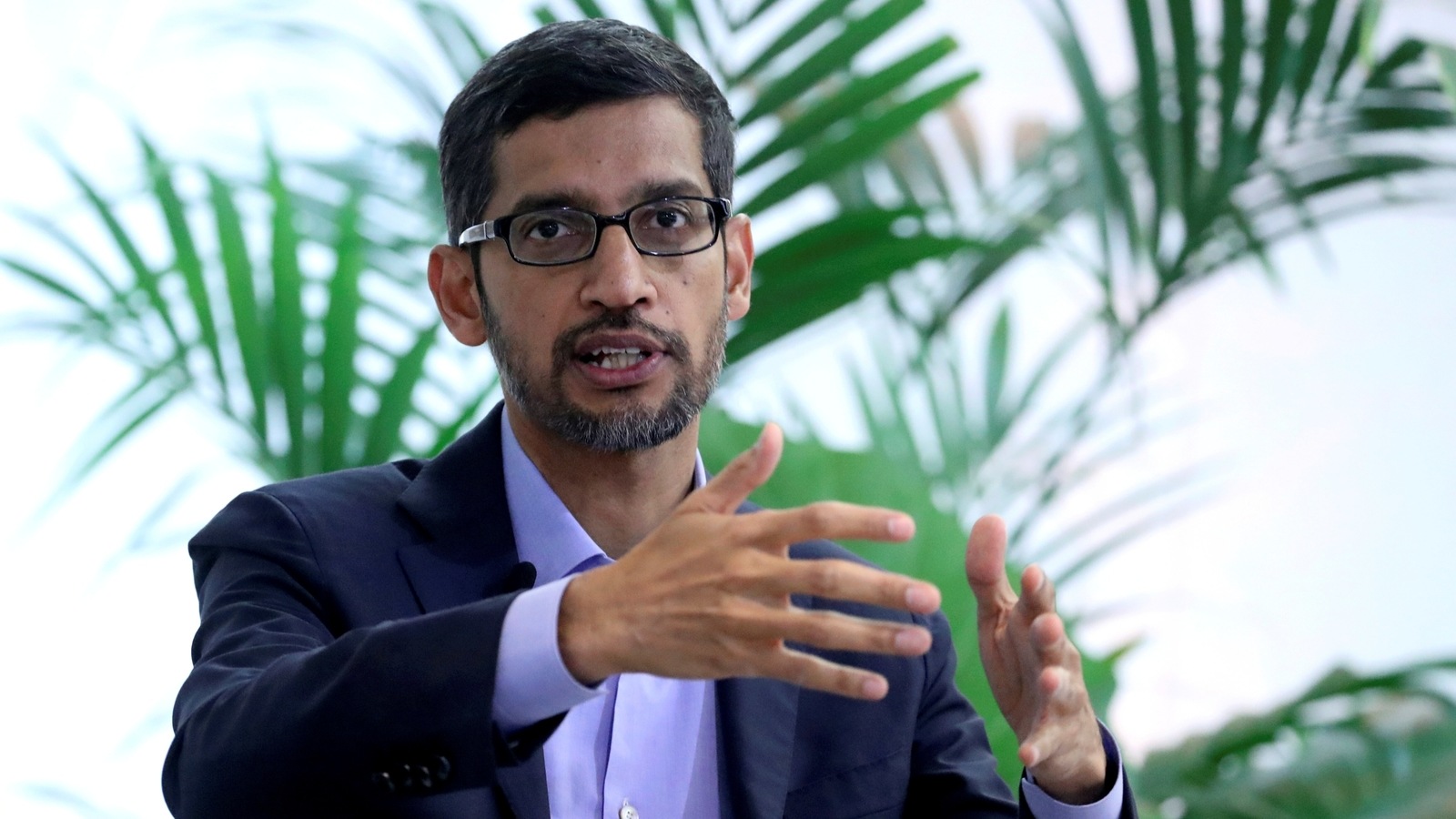 FILE PHOTO: Sundar Pichai, CEO of Google and Alphabet, speaks on artificial intelligence during a Bruegel think tank conference in Brussels, Belgium