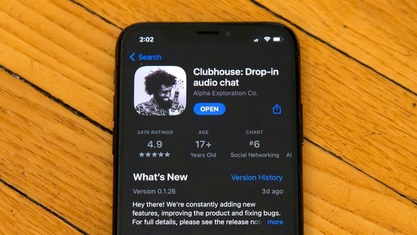 Apple's App Store page for the social media app Clubhouse is displayed on a smartphone screen in Beijing,