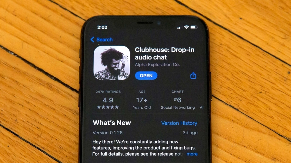 Apple's App Store page for the social media app Clubhouse is displayed on a smartphone screen in Beijing, 