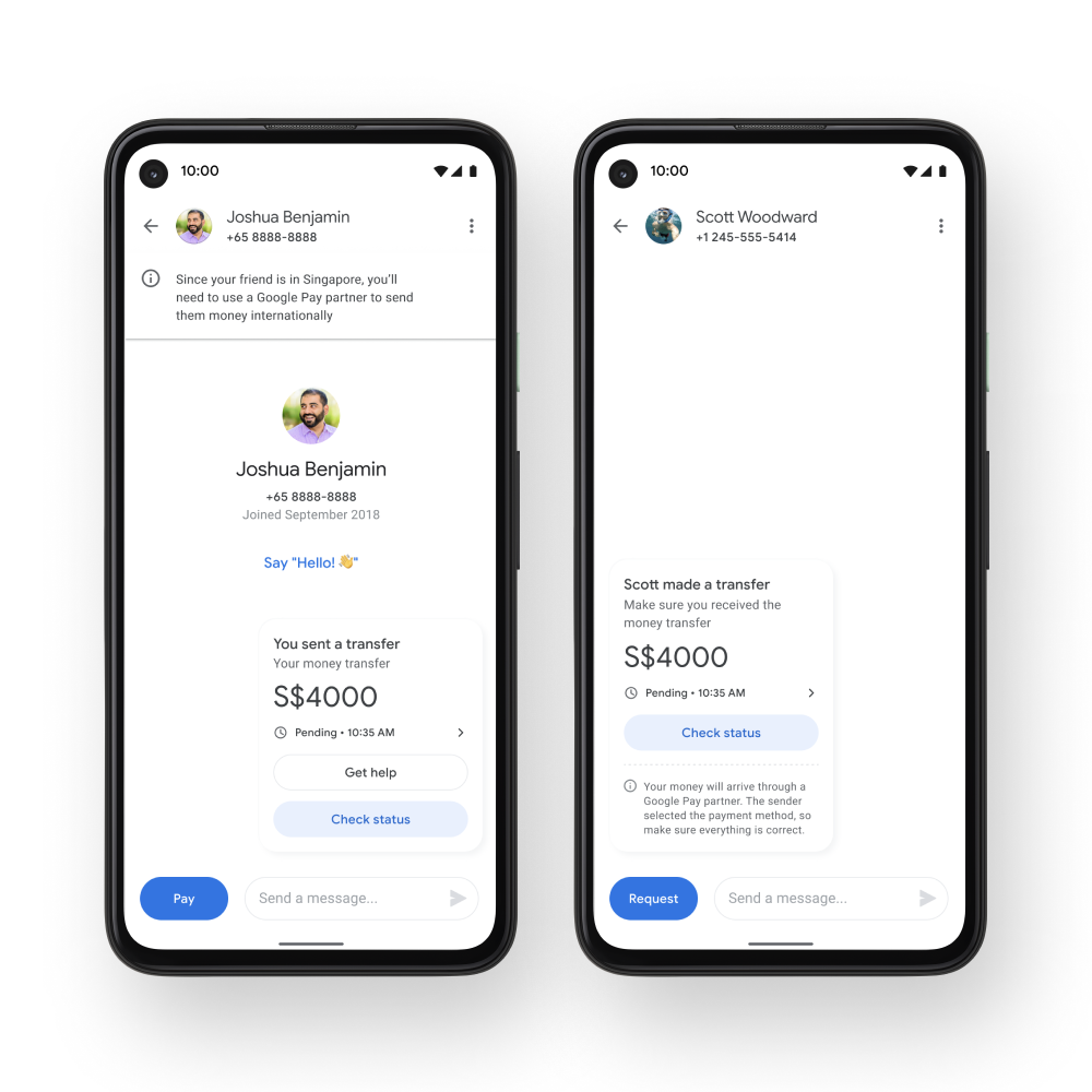 Here's what the transfer process could looks like. On the left is a user in the US, and on the right is a user in Singapore receiving the money. Here's what the transfer process could looks like. On the left is a user in the US, and on the right is a user in Singapore receiving the money.