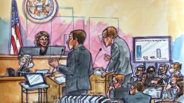Lawyers from Apple and Epic speak with Judge Yvonne Gonzalez Rogers during a weeks-long antitrust trial at federal court in Oakland, California, U.S. May 24, 2021 in this courtroom sketch.  REUTERS/Vicki Behringer