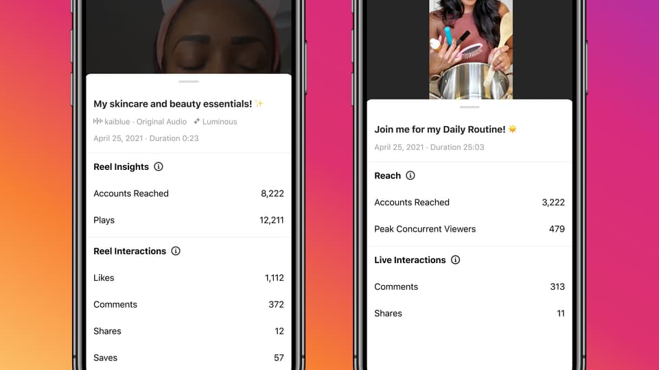 Instagram Insights for Reels and Live.