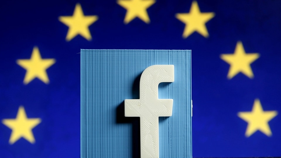 FILE PHOTO: 3D-printed Facebook logo is seen in front of the logo of the European Union in this picture illustration made in Zenica, Bosnia and Herzegovina on May 15, 2015. 