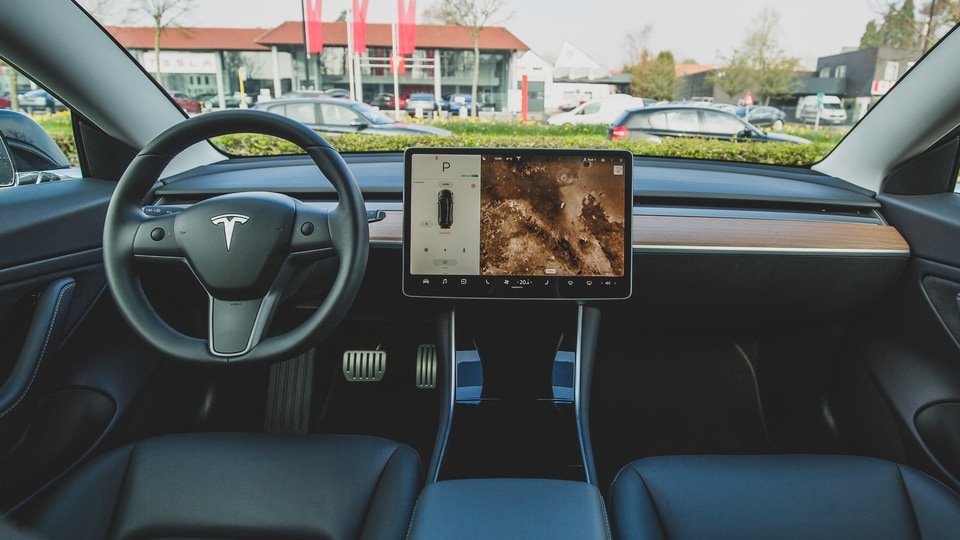 The interior of an electric car manufactured by Tesla. 