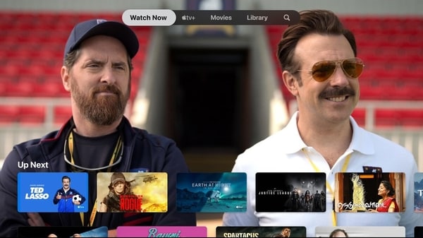 A screenshot of the main screen and interface on the Apple TV app. 