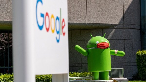 An Android statue wearing a mask on the Google campus in Mountain View, California, U.S., on Wednesday, April 21, 2021. Silicon Valley has the lowest office vacancy rate in the U.S., even as technology companies embrace remote work. Photographer: David Paul Morris/Bloomberg