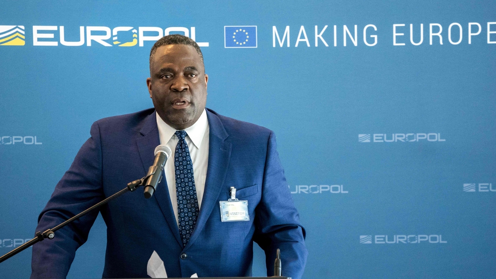 FBI Criminal Investigative Division Assistant Director Calvin A. Shivers delivers a speech during a press conference, on June 8, 2021 in The Hague. - Police arrested 800 people in a huge global sting involving encrypted phones used by criminals that were secretly planted by law enforcement agencies, the EU police agency Europol said on June 8, 2021. FBI Criminal Investigative Division Assistant Director Calvin A. Shivers delivers a speech during a press conference, on June 8, 2021 in The Hague. - Police arrested 800 people in a huge global sting involving encrypted phones used by criminals that were secretly planted by law enforcement agencies, the EU police agency Europol said on June 8, 2021.