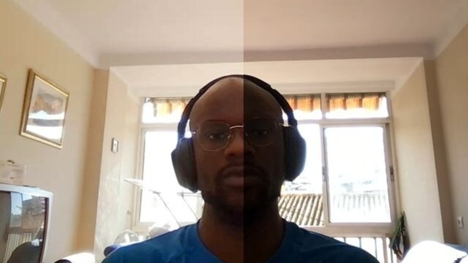 A photo illustration dated June 2, 2021 shows how Google's new light adjustments feature for its Meet video conferencing tool brightens the face of a user who is underexposed because of a window in the background. Google/Handout via REUTERS