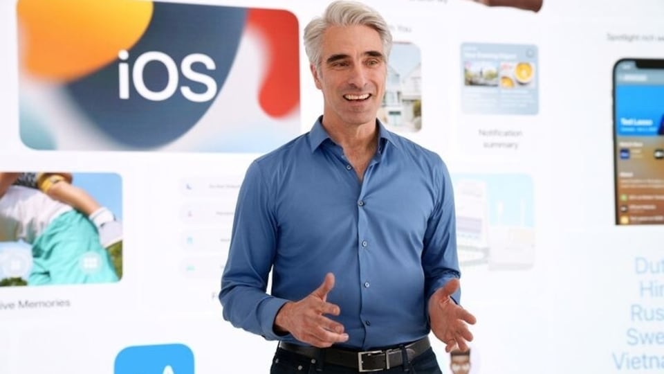 Apple's senior vice president of Software Engineering Craig Federighi introduces iOS 15 during Apple's Worldwide Developers Conference (WWDC) 2021 at Apple Park in Cupertino on June 7. 