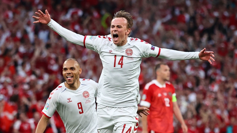 Soccer Football - Euro 2020 - Group B - Russia v Denmark - Parken Stadium, Copenhagen, Denmark - June 21, 2021 Denmark's Mikkel Damsgaard and Martin Braithwaite celebrate after the match